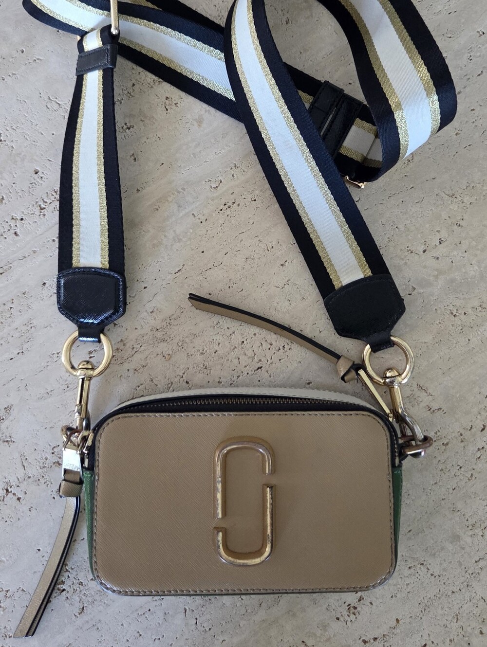 Marc Jacobs Beige Crossbody Camera Bag with Striped Strap